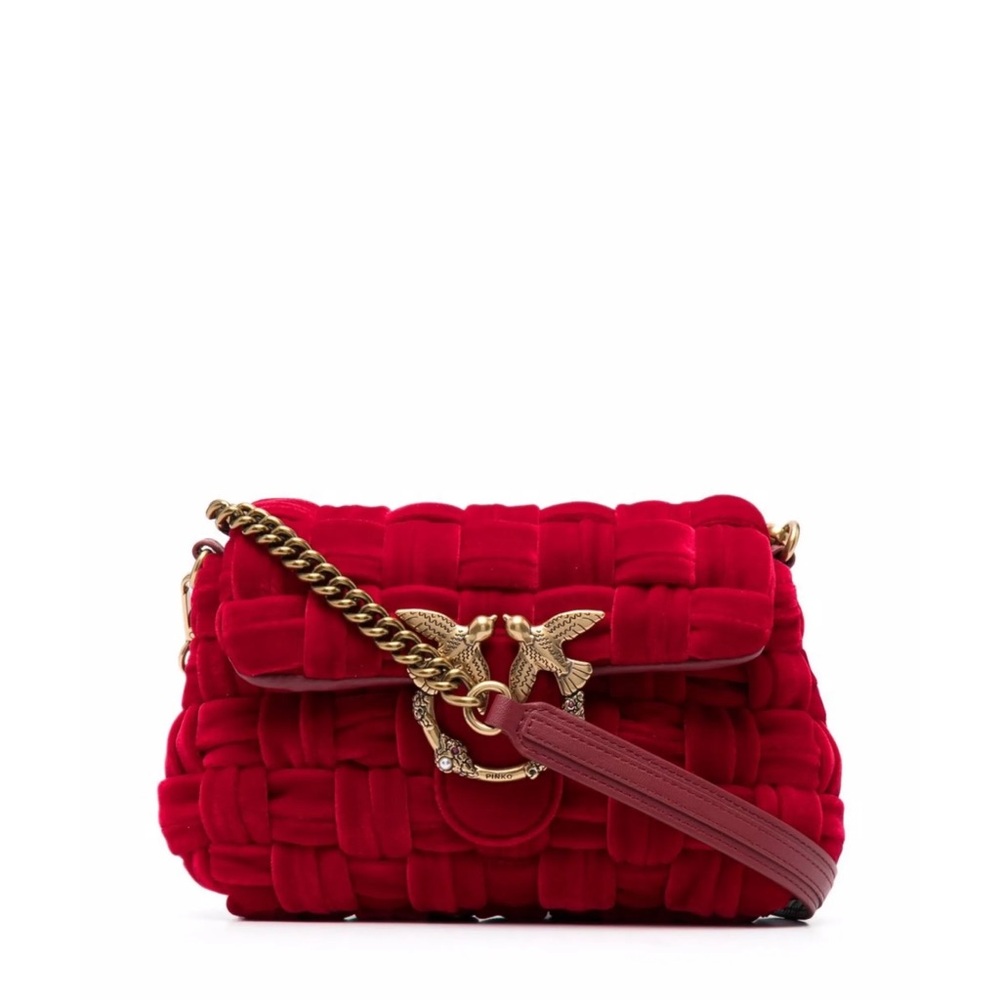 Pinko Red Quilted Velvet Crossbody Bag with Gold Hardware